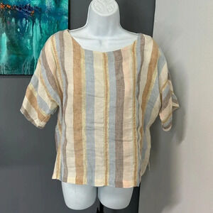 Women’s Small Linen Blend Top Striped Metallic Boho Costal Boxy Resort Preppy‎